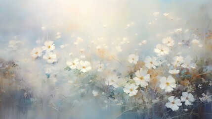Obraz na płótnie Canvas A dreamlike scene of a horizontal frame filled with delicate white flowers and leaves, Generative ai.