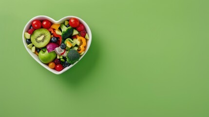 Heart-Healthy Diet: Assortment of Nutritious Fruits, Vegetables, and Nuts in a Heart-Shaped Bowl - AI generated