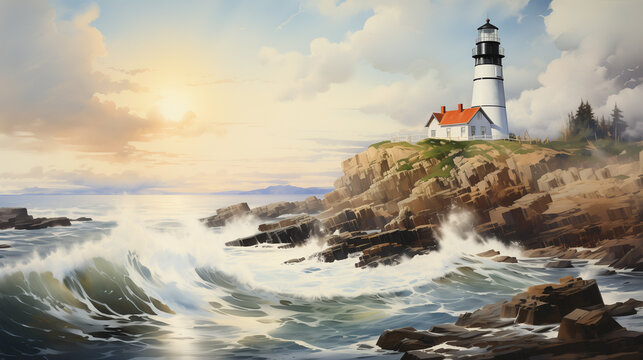 Watercolor illustration of a lighthouse on rocky cliff with waves crashing and dynamic sky.