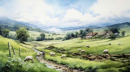Watercolor illustration of landscape depicting sheep grazing in green fields with farmhouses in the background.