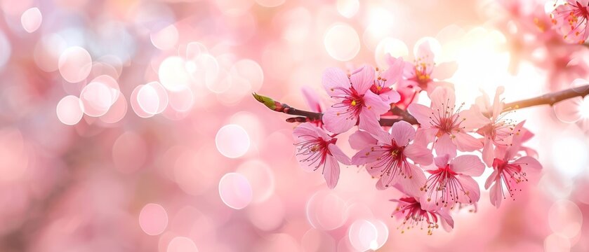  Pink flowers bloom on a branch in front of a blurry background with boke-dot circles