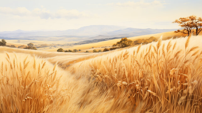 Watercolor illustration of Golden wheat swaying in the breeze with a backdrop of distant mountains and a solitary tree under a clear sky.