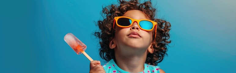 Ice cream cute kid with ice lolly. Copy space for text. Generative AI
