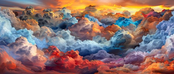  A depiction of clouds against an orange, blue, and pink sunlit backdrop