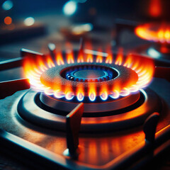 Burning gas burner on a kitchen stove. Close-up.