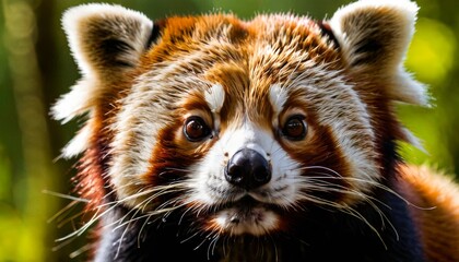 Captivating close-up of a red panda with its striking features and vivid fur color, set amidst the...