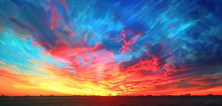 A stunning sunset captured in vibrant chromatic hues, painting the sky with a spectrum of colors ranging from fiery reds to soothing blues