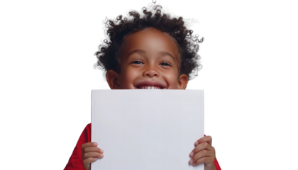 A portrait of the little happy child with white board on the hands, smilling for the camera