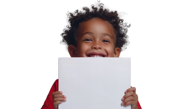 A portrait of the little happy child with white board on the hands, smilling for the camera - Powered by Adobe
