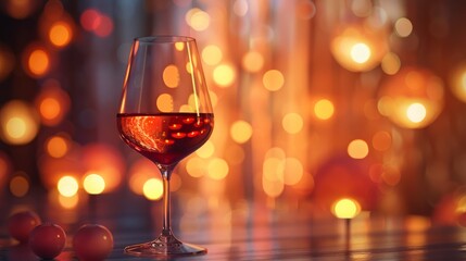 Rich red wine in a clear glass, warm backdrop