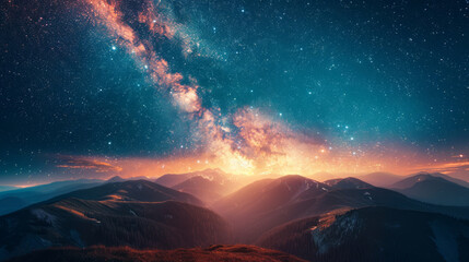 A breathtaking view of the Milky Way galaxy illuminating the night sky above mountain peaks. - obrazy, fototapety, plakaty