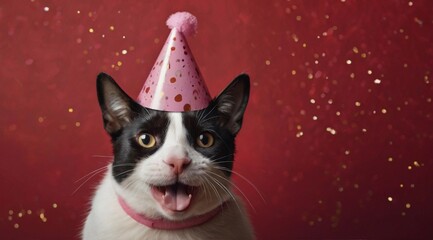 Cat with birthday cap on red isolated background