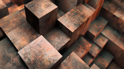 Rusty geometric blocks layer in depth, creating an abstract coppery terrain.