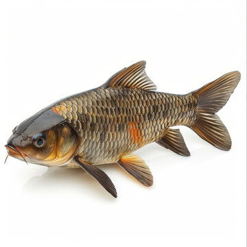 Close-up of a single freshwater carp, vibrant scales detailed, isolated on a white background for versatile use.