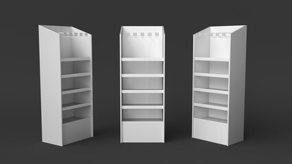 Retail cardboard display stands mockups with empty shelves, euro hooks and price holders. 3d illustration set on gray background