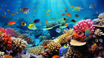 A vibrant coral reef teeming with colorful fish and ma - obrazy, fototapety, plakaty