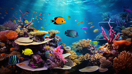 Fototapeta na wymiar A vibrant coral reef teeming with colorful fish and ma