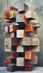 A gravity-defying stack of wooden blocks, an abstract sculpture.