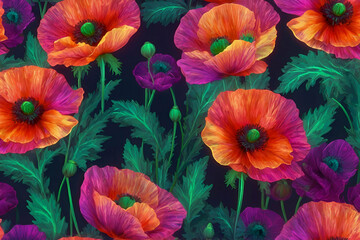pattern with neon poppies. Beautiful decorative stylized summer flower