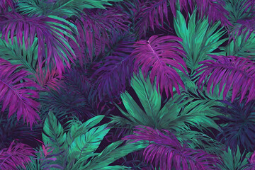Tropical Neon Palm Leaves Seamless Pattern. Jungle Purple Colored Floral Background