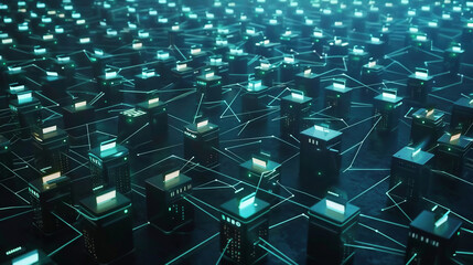 Isometric concept of quantum computers, blockchain, IT technology or coding. Information blocks in cyberspace.