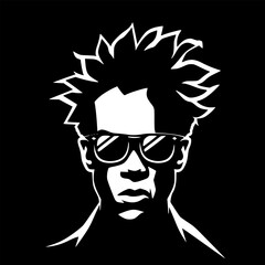 Black and white vector logo style illustration of a male face shaped by shadows, front view, African American, wearing sunglasses