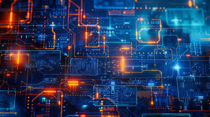 Advanced digital circuit and technology concept, highlighting computer science and communication in a visually striking blue-themed background