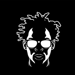 Black and white vector logo style illustration of a male face shaped by shadows, front view, African American, wearing sunglasses