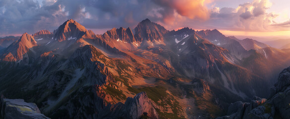 Naklejka premium Sunset Glow on a Dramatic Mountain Landscape