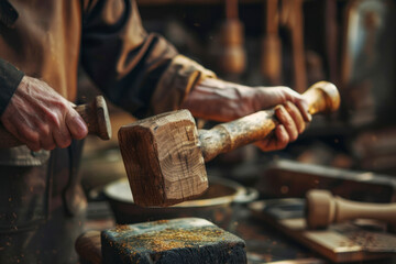 Crafter with a vintage wooden mallet. - obrazy, fototapety, plakaty