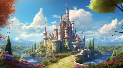 A whimsical fairy tale castle with towers and spires. - obrazy, fototapety, plakaty