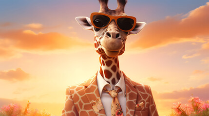 A digitally-rendered depiction of a dapper giraffe wearing fashionable glasses, standing tall and confident in a savannah landscape under the warm glow of the sun - obrazy, fototapety, plakaty