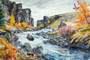 Fototapeta na wymiar Watercolor river flowing between rocky cliffs decorated with autumn trees in Iceland