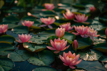 Water lilies bloom in a lake.AI generated