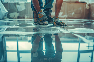 Home improvement, renovation - construction worker tiler is tiling, ceramic tile floor adhesive. - Powered by Adobe