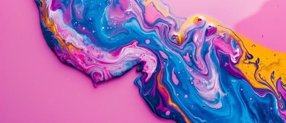  Blue, pink, yellow, white abstract painting on a pink background with yellow-white center object