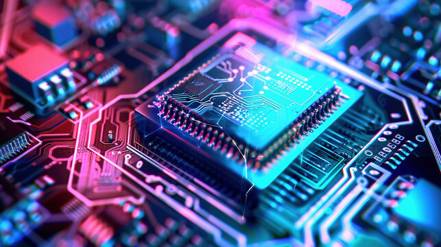 Quantum computing technology. Isometric fantastic cyber chip on dark purple background