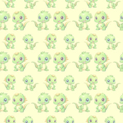 Cute adorable green dragons  on yellow background 
 pattern  high quality printable seamless file for textile or wrapping