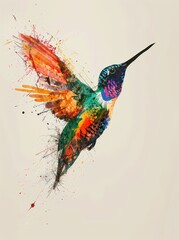 A vibrant painting depicting a hummingbird in various hues, wings outstretched, soaring through a clear blue sky