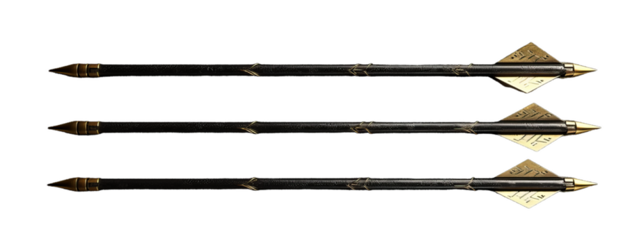 A detail of three black shooting  arrows for bow flaying out .