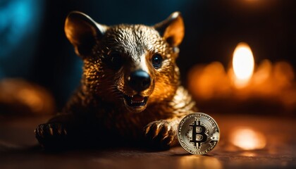 A hyper-realistic animal with an intense gaze holds a Bitcoin, a metaphor for cautious investment in the volatile cryptocurrency market. - obrazy, fototapety, plakaty