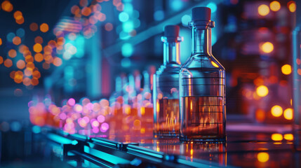 Illuminated whiskey bottles lined up on a bar shelf with colorful bokeh background. - obrazy, fototapety, plakaty