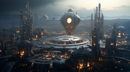 An alien city with strange architecture and bizarre te - obrazy, fototapety, plakaty