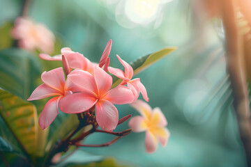 Pink Plumeria Spa Flower On Tree With Blurred Bokeh Background