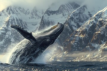 a whale jumping out of water with mountains in the background - obrazy, fototapety, plakaty