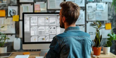 A man with a shirt looking at a large screen with data and graphs.
