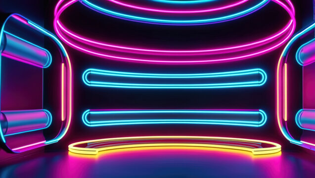 3d rendering amazing bright neon background of round lights

