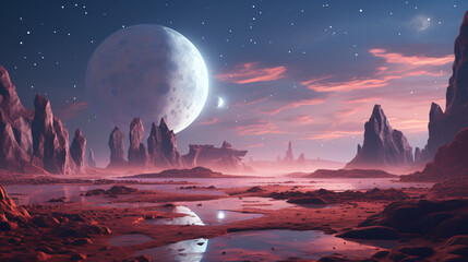 An alien landscape with strange rock formations and mu