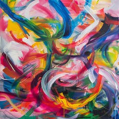 A painting featuring a multitude of colors blending and contrasting with each other in abstract forms and shapes