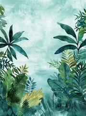 A painting depicting green leaves against a deep blue background